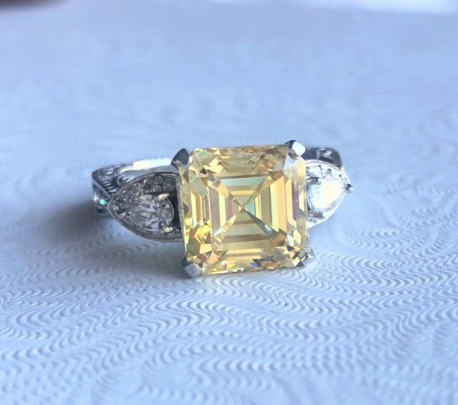 5CT Square Asscher Diamond Veneer Cubic zirconia Sterling silver canary Ring. 635R13832