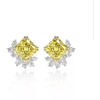 6 CT TW square cubic zirconia cluster post earrings in sterling silver, canary yellow stone, 800E204