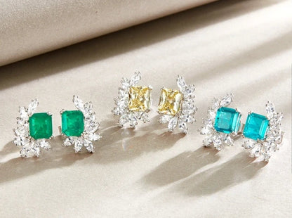 6 CT TW square cubic zirconia cluster post earrings in sterling silver, canary yellow stone, 800E204