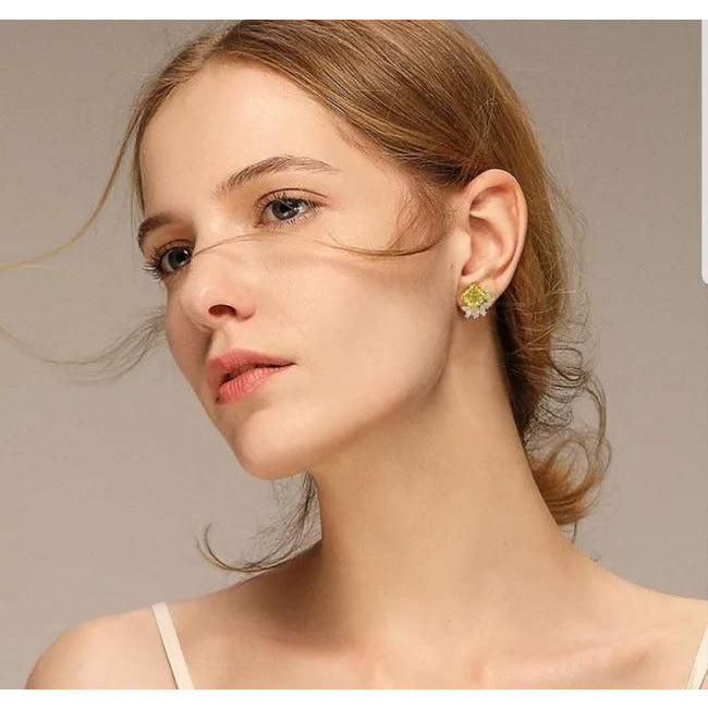 6 CT TW square cubic zirconia cluster post earrings in sterling silver, canary yellow stone, 800E204