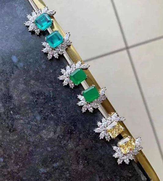 6 CT TW square cubic zirconia cluster post earrings in sterling silver, emerald green stone, group view, 800E204
