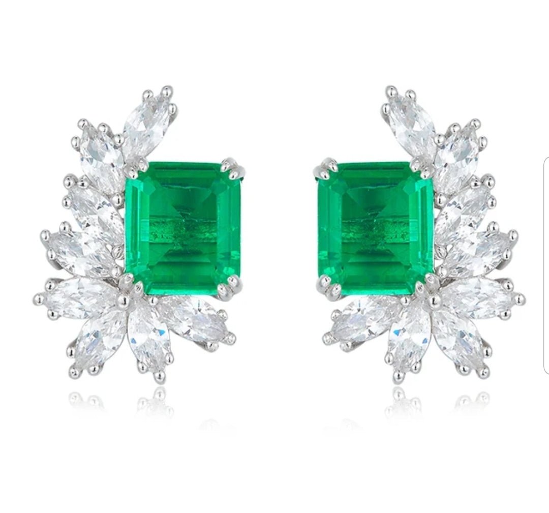 6 CT TW square cubic zirconia cluster post earrings in sterling silver, emerald green stone, 800E204