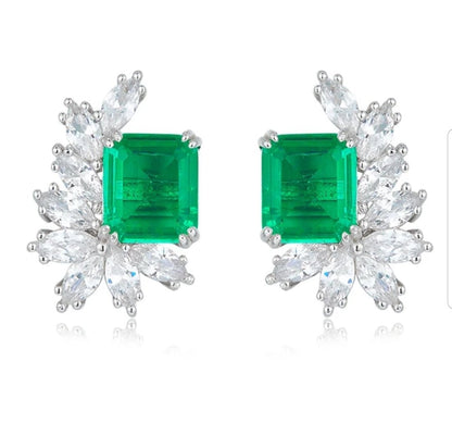 6 CT TW square cubic zirconia cluster post earrings in sterling silver, emerald green stone, 800E204