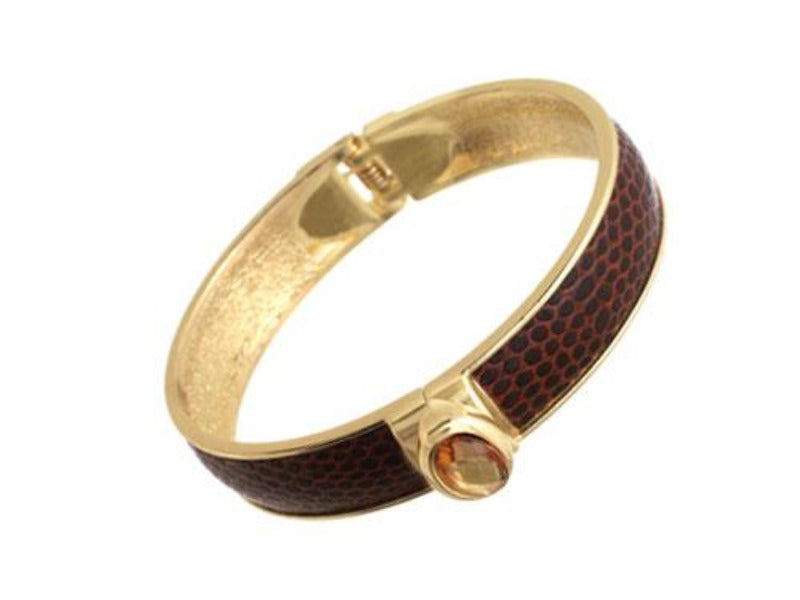 Zirconite Oval jeweled Brown Snakeskin hinged Bracelet Bangle. 629B82033BR