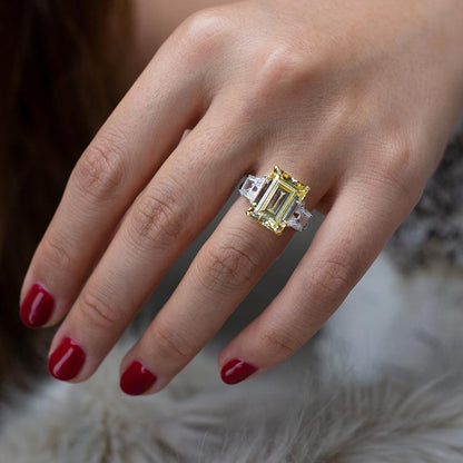 9 CT emerald-cut cubic zirconia three-stone ring in sterling silver, main view, 801R9002