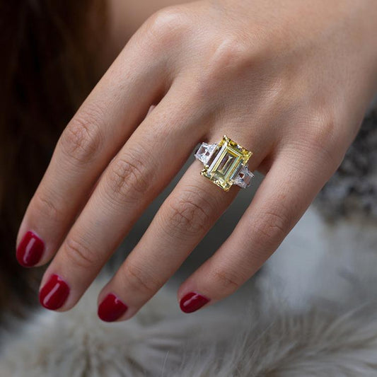 9 CT emerald-cut cubic zirconia three-stone ring in sterling silver, main view, 801R9002