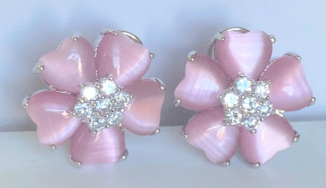 Zirconite Cat's Eye Heart Flower Pink Earrings