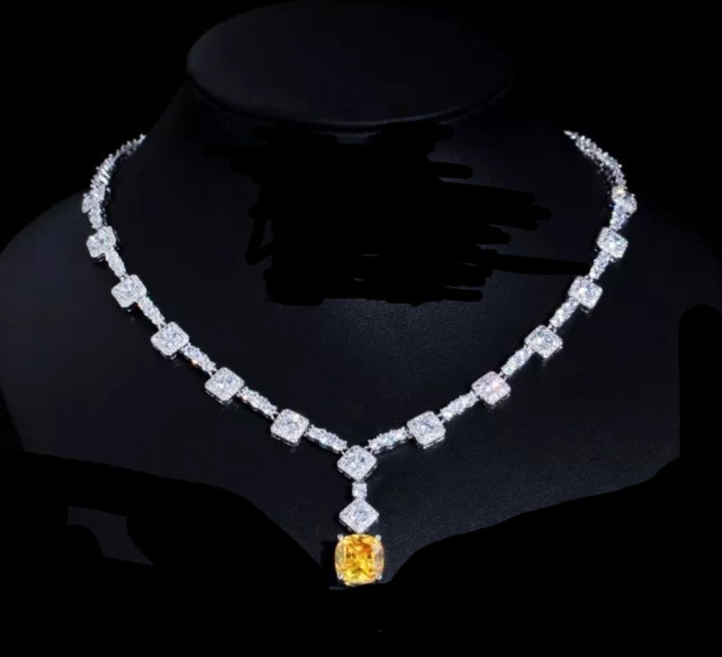 Diamond Veneer Cubic  Zirconia Stations Necklace Pendant Set Canary