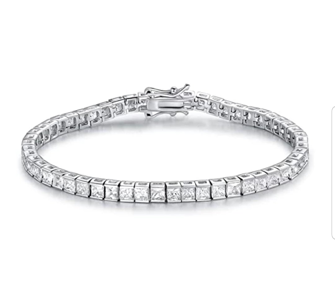 Princess Cut Square Zirconite Cubic Zirconia CZ Tennis Bracelet w/Safety Chain. 698BQcast6