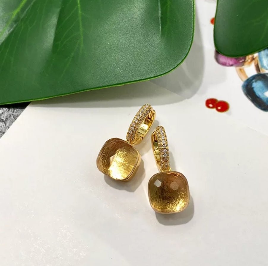 Zirconite Cabochon Minimalist Huggies Hoop Gold light topaz Earrings