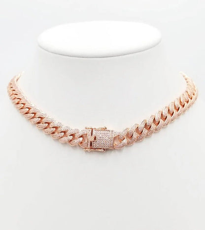 Zirconite Cubic Zirconia pave 8mm Curved Link Lock RoseGold Necklace. 818N