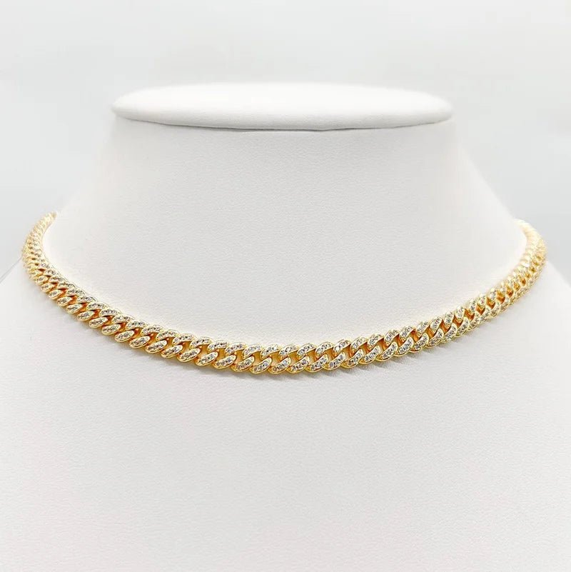 Zirconite Cubic Zirconia pave 6mm Curved Link Gold Necklace. 818N