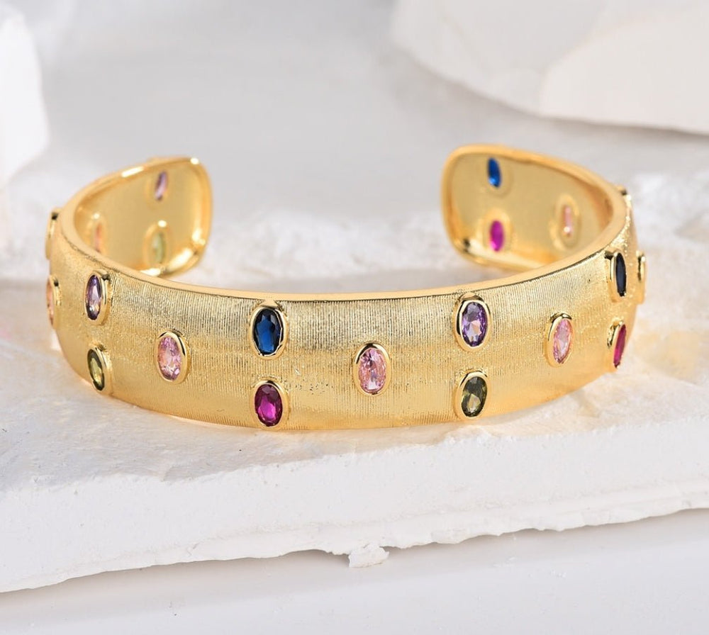 Zirconite inspired Italian Multi-color satin open Bangle. 831B103 | DiamondVeneer Fashion