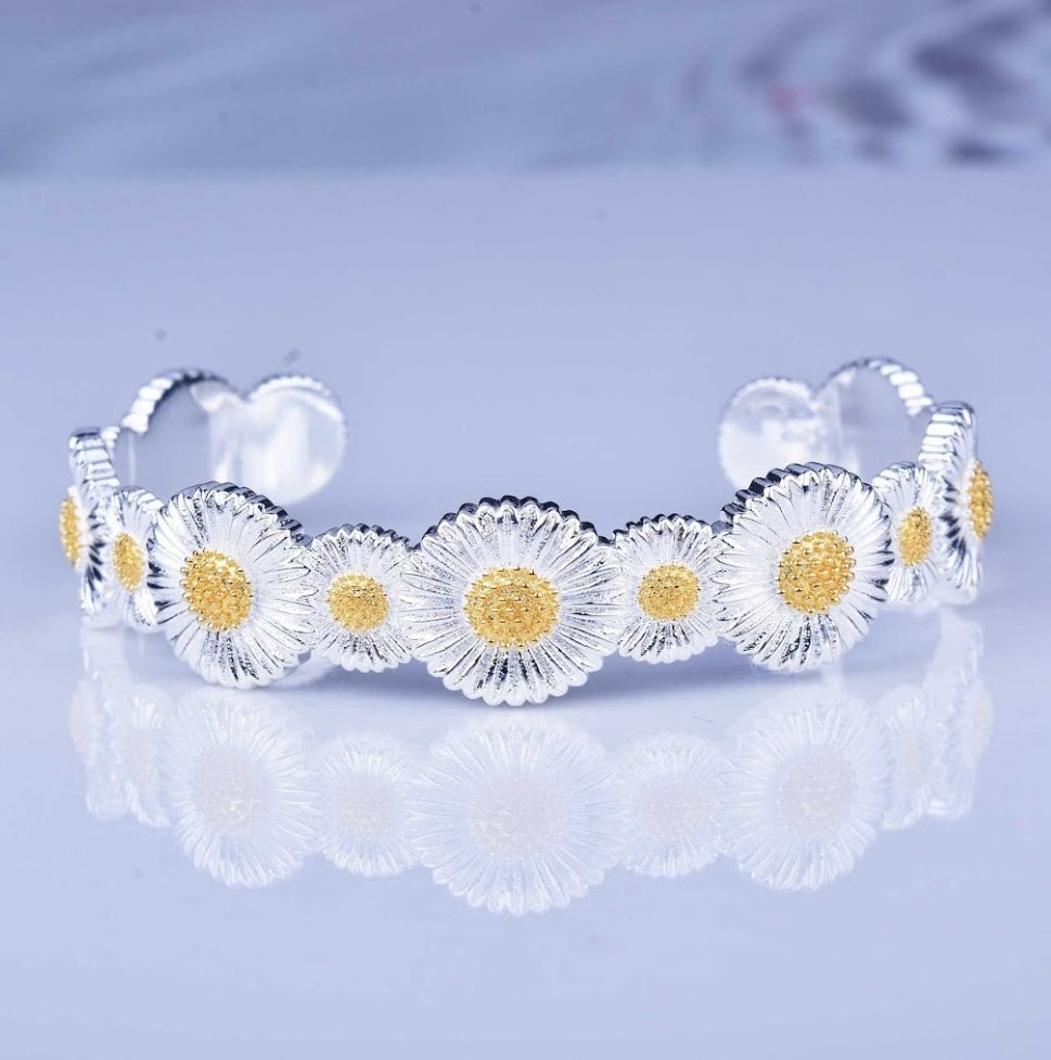 Zirconite inspired Italian Sunflower design satin open Bangle. 831B101 | DiamondVeneer Fashion
