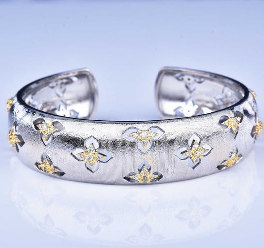 Zirconite Italian design inspired flower Gold satin open Bangle | DiamondVeneer Fashion