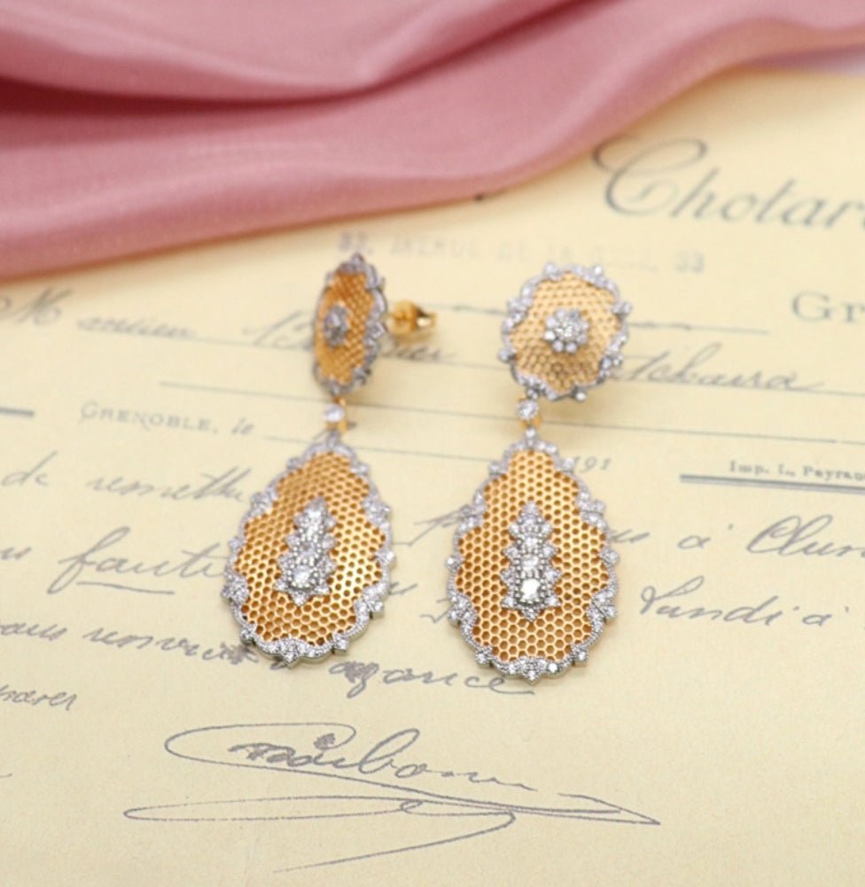 Zirconite inspired Italian Gold satin Door Knocker Earrings. 831E106 | DiamondVeneer Fashion