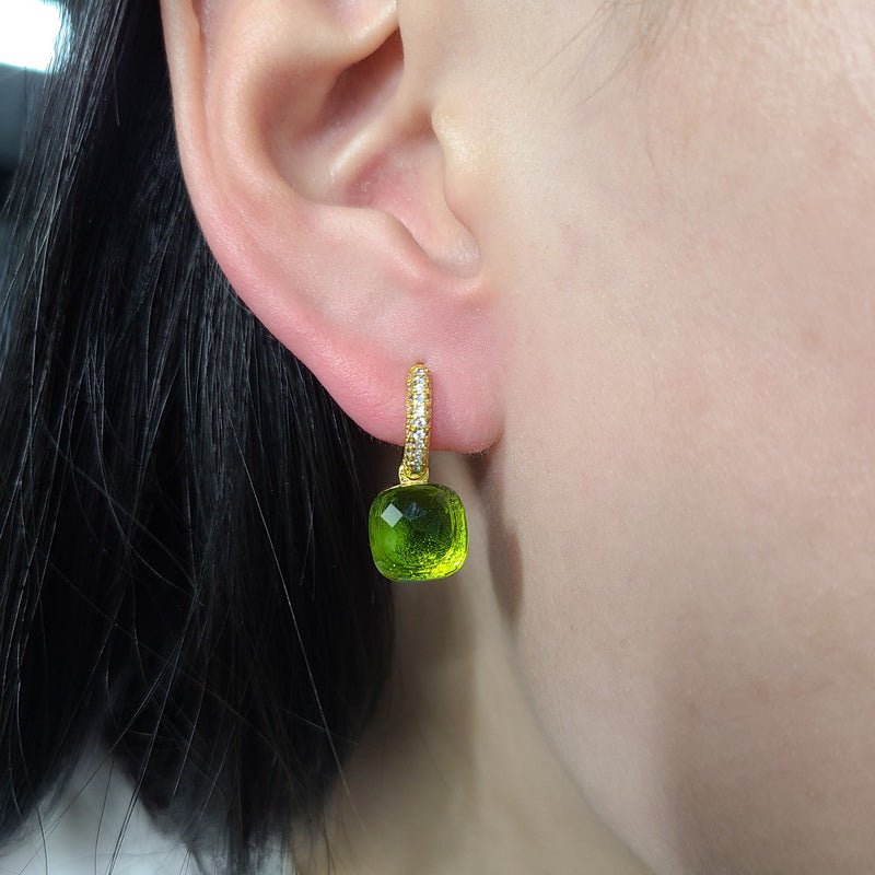 Cabochon huggie hoop earrings by Zirconite, worn on model, 827E100
