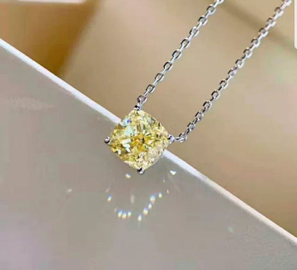 Cushion-cut cubic zirconia solitaire pendant in sterling silver, canary yellow stone, 635P208