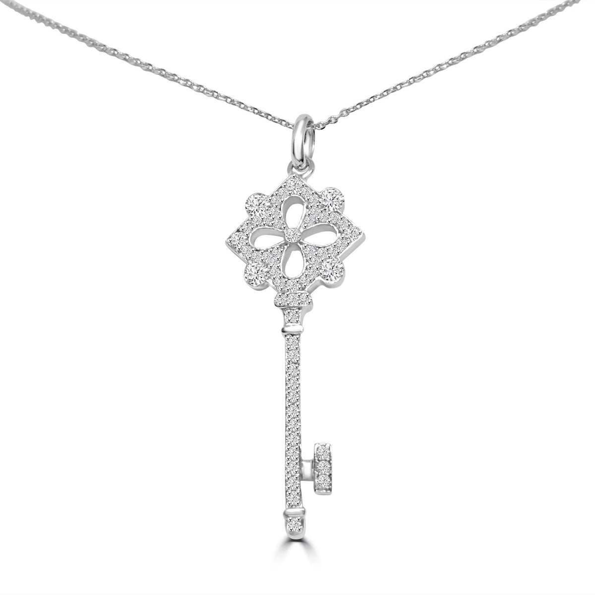 Cubic zirconia clover key pendant in rhodium-plated brass, main view