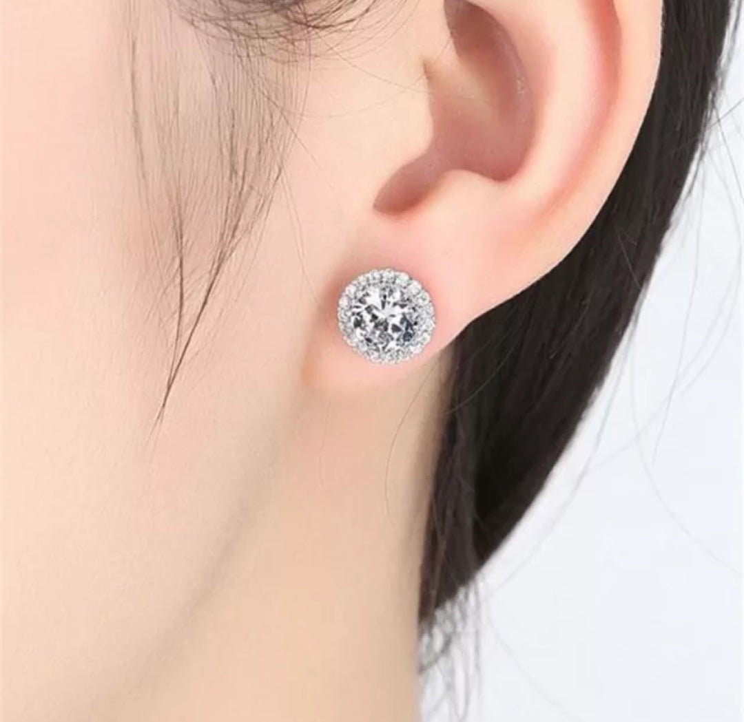 Cubic zirconia halo post earrings in sterling silver, alternate view, 635E15708