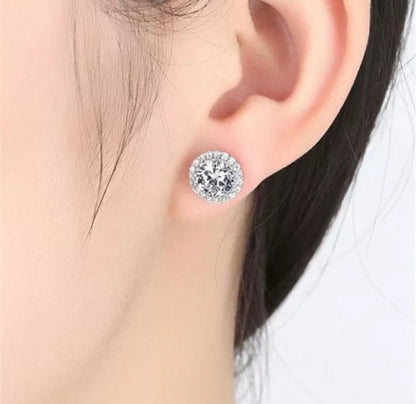 Cubic zirconia halo post earrings in sterling silver, alternate view, 635E15708