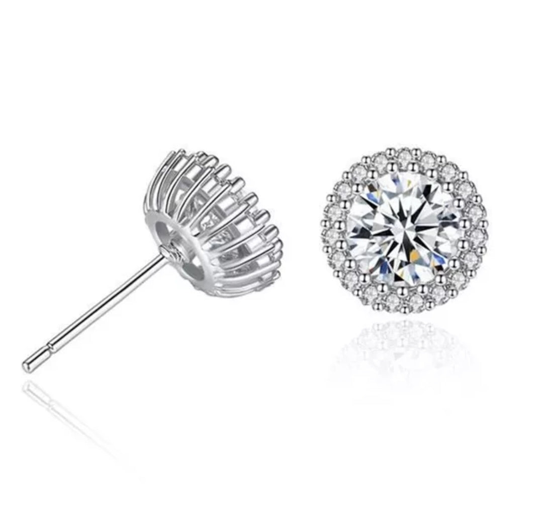 Cubic zirconia halo post earrings in sterling silver, alternate view, 635E15708