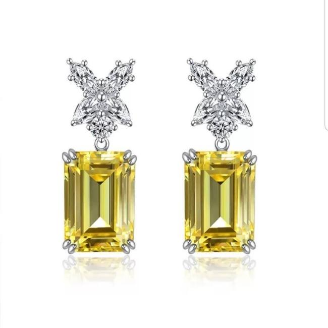 Emerald-cut cubic zirconia drop earrings, canary yellow stone, 800E030