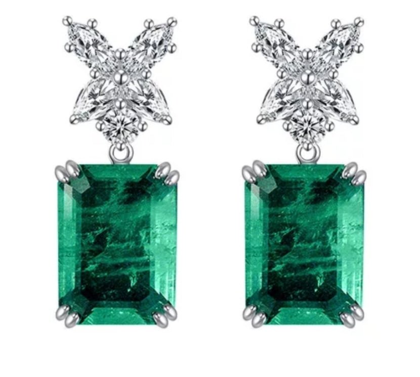 Emerald-cut cubic zirconia drop earrings, emerald green stone, 800E030