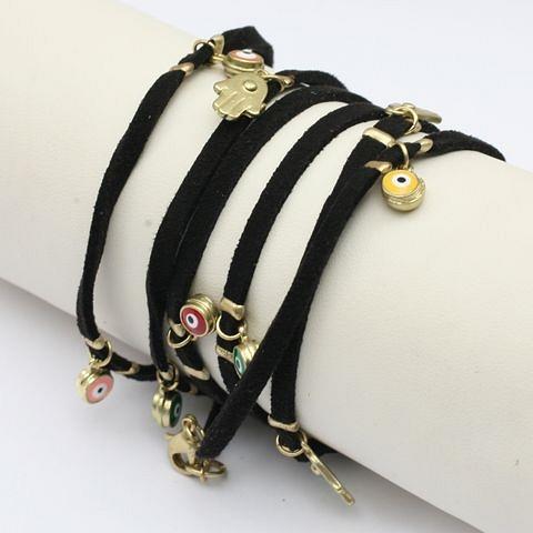 Evil eye station suede leather wrap bracelet by Zirconite, black color, 652B0550