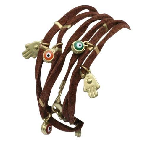 Evil eye station suede leather wrap bracelet by Zirconite, brown color, 652B0550