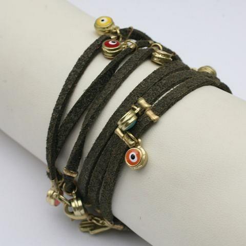 Evil eye station suede leather wrap bracelet by Zirconite, charcoal color, 652B0550