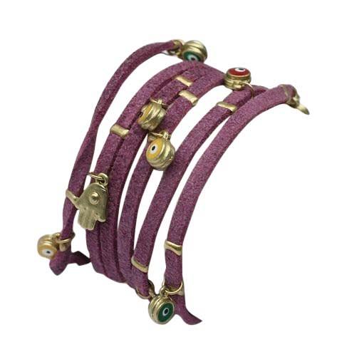 Evil eye station suede leather wrap bracelet by Zirconite, purple color, 652B0550