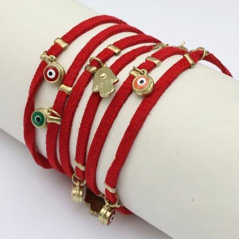 Evil eye station suede leather wrap bracelet by Zirconite, red color, 652B0550