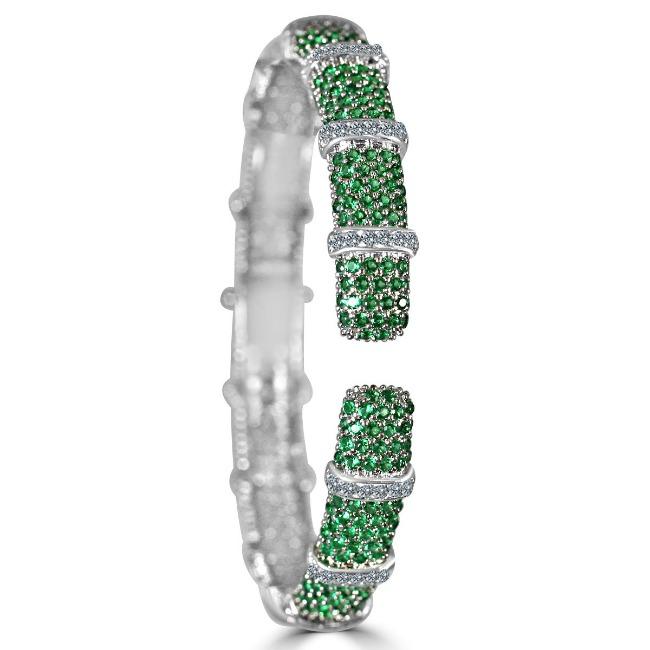 Face-off crystal pavé hinged bangle bracelet by Zirconite, emerald green stone, 698B10C