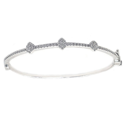 Hinged Zirconite Cubic Zirconia 3-Stations Slender Rhodium Bangle  Bracelet