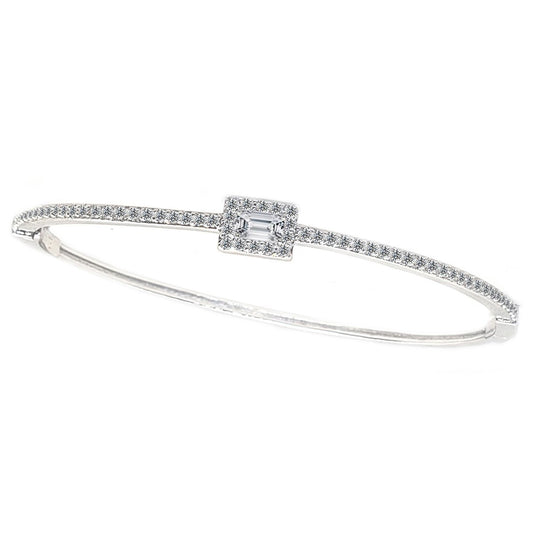 Hinged Zirconite Cubic Zirconia Square center Slender Rhodium Bangle Bracelet