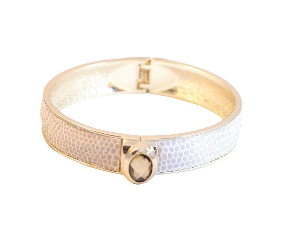 Zirconite Oval jeweled Off White Snakeskin hinged Bracelet Bangle. 629B82033-OW