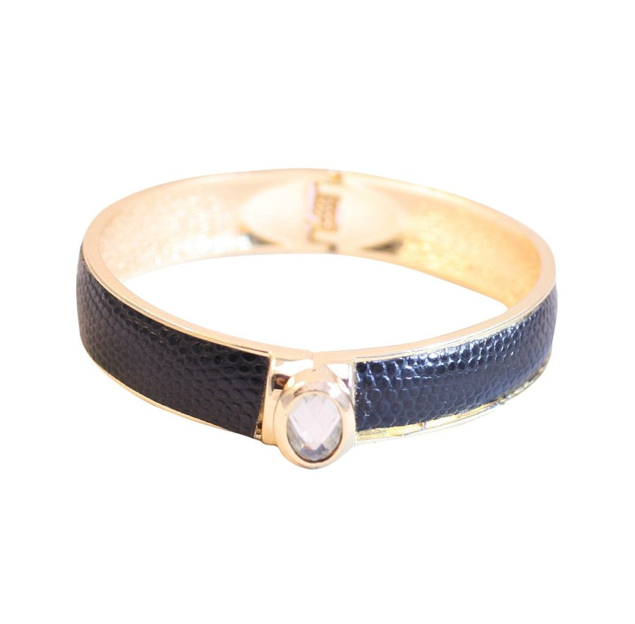 Zirconite Oval jeweled Black Snakeskin hinged Bracelet Bangle. 629B82033BK