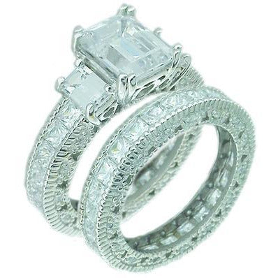 Intensely brilliant 1.5CT Emerald Diamond Veneer Cubic Zirconia Sterling Silver Filigree Eternity band Ring Set