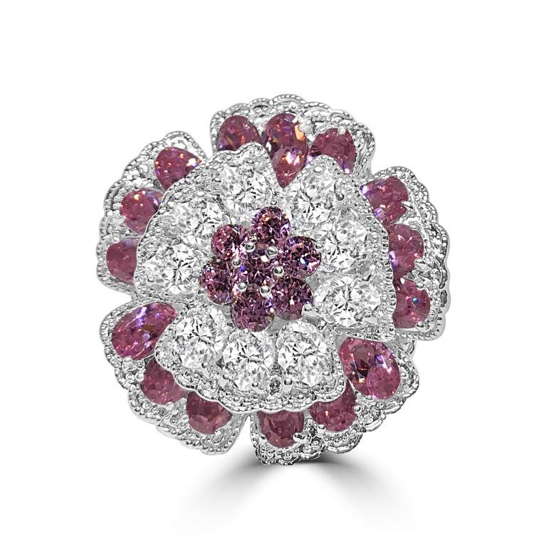 Large Flower Cluster Zirconite Cubic Zirconia Designer Sterling Silver Cocktail Ring 501R34433