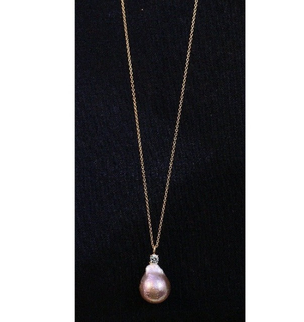 Diamond Veneer Cubic Zirconia .25CT Diamond Veneer on Genuine Baroque Pearl 30" Sterling silver Necklace