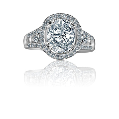 Oval cubic zirconia split shank floating halo ring, main view, 635R4011