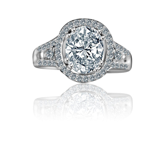 Oval cubic zirconia split shank floating halo ring, main view, 635R4011
