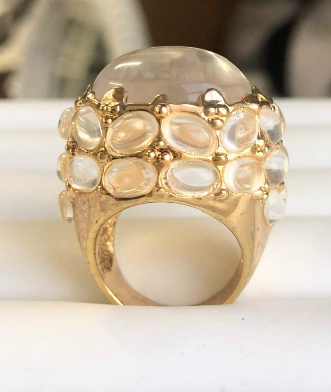 Oversized Designer Clear Resin-Top Art Deco style Mirror polished Gold Ring. 501RL0344