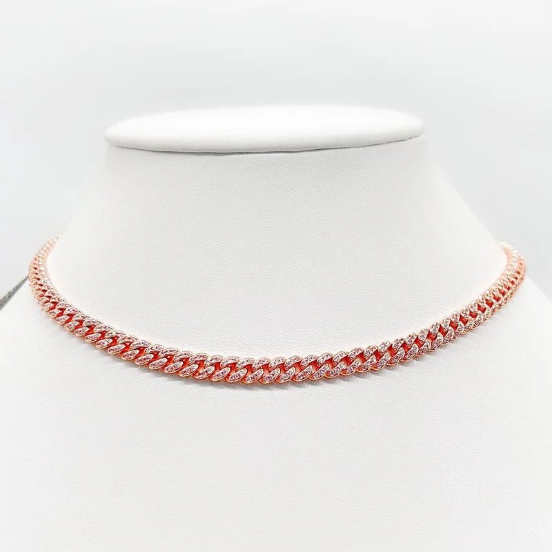 Pavé cubic zirconia Cuban curved link necklace by Zirconite, rose gold tone, 818N
