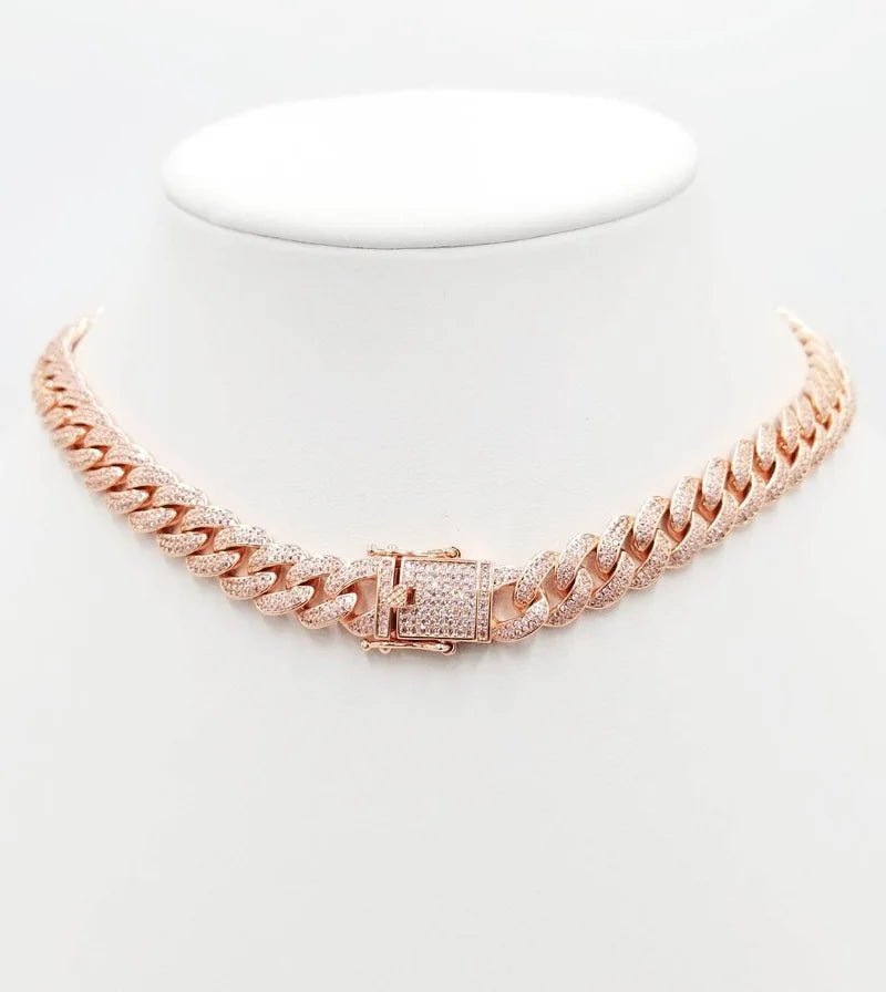 Pavé cubic zirconia Cuban curved link necklace by Zirconite, rose gold tone, 818N