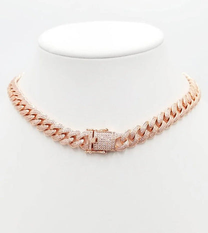 Pavé cubic zirconia Cuban curved link necklace by Zirconite, rose gold tone, 818N