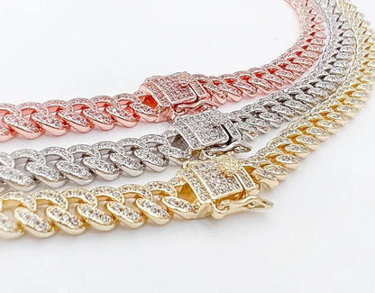 Pavé cubic zirconia Cuban curved link necklace by Zirconite, worn on model, 818N