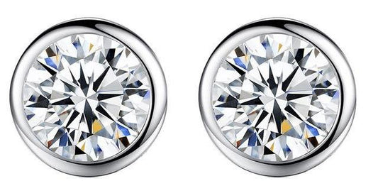 Round bezel-set cubic zirconia stud earrings in sterling silver by Zirconite, main view, EBZL