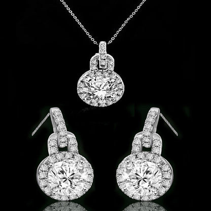 Round cubic zirconia halo pendant and earrings set in sterling silver, main view, 635P10732S